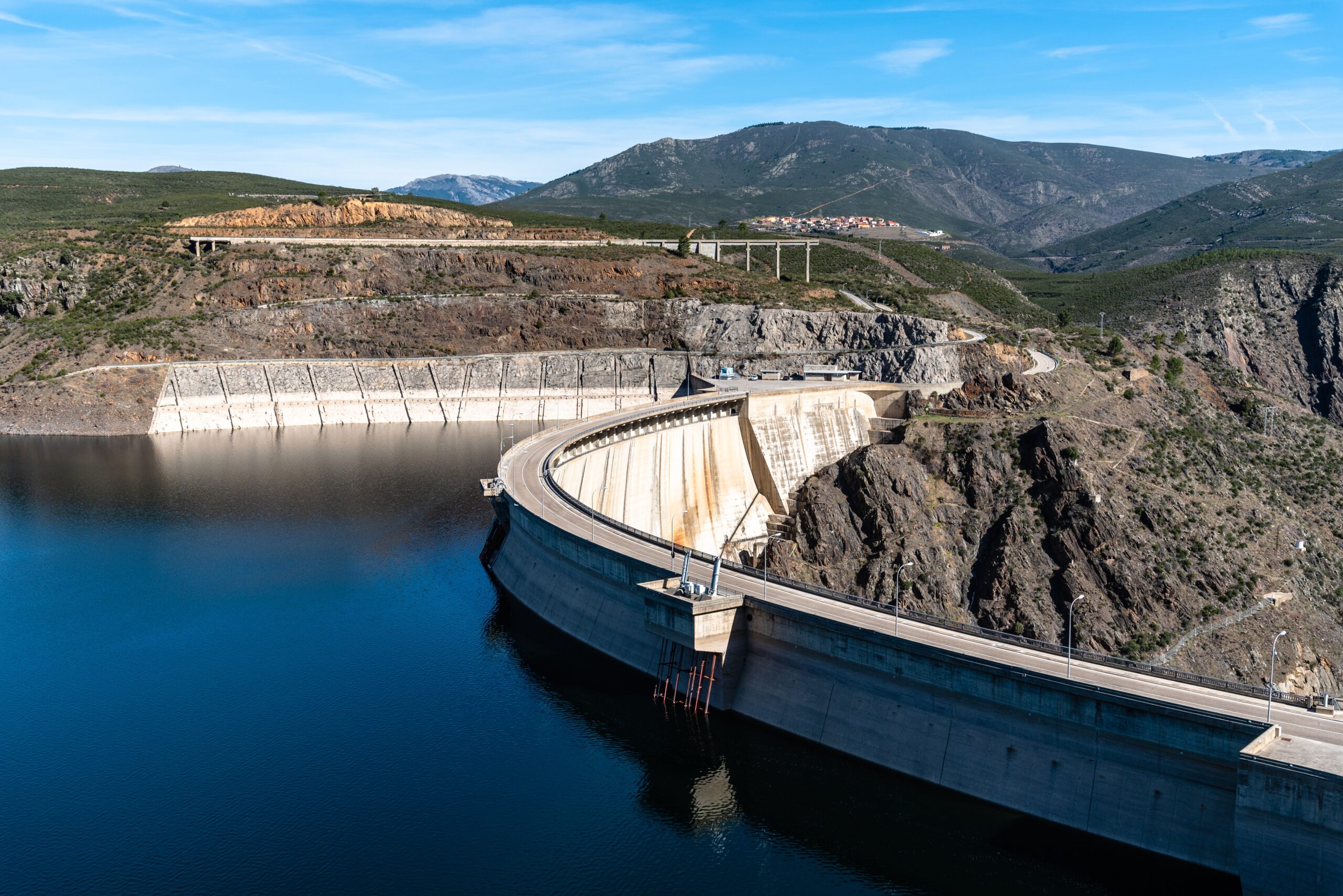 The Atazar reservoir and  dam in the mountain range of Madrid
